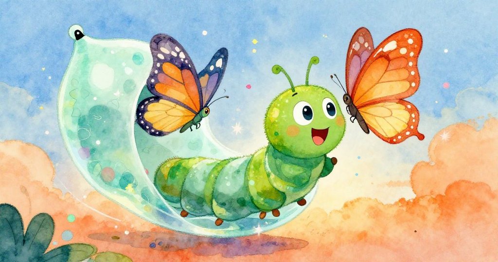 查理這隻小毛毛蟲從閃閃發光的繭中破繭而出，變成了一隻美麗的蝴蝶，臉上流露出喜悅與驚奇，周圍充滿色彩斑斕的魔法光芒。