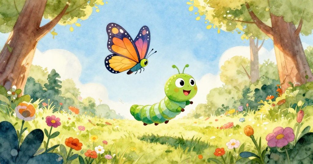 查理這隻華麗的蝴蝶快樂地翱翔在明亮的藍天中，臉上流露出喜悅，準備在花叢中翩翩起舞，下面的森林色彩鮮豔，沐浴在溫暖的陽光下。