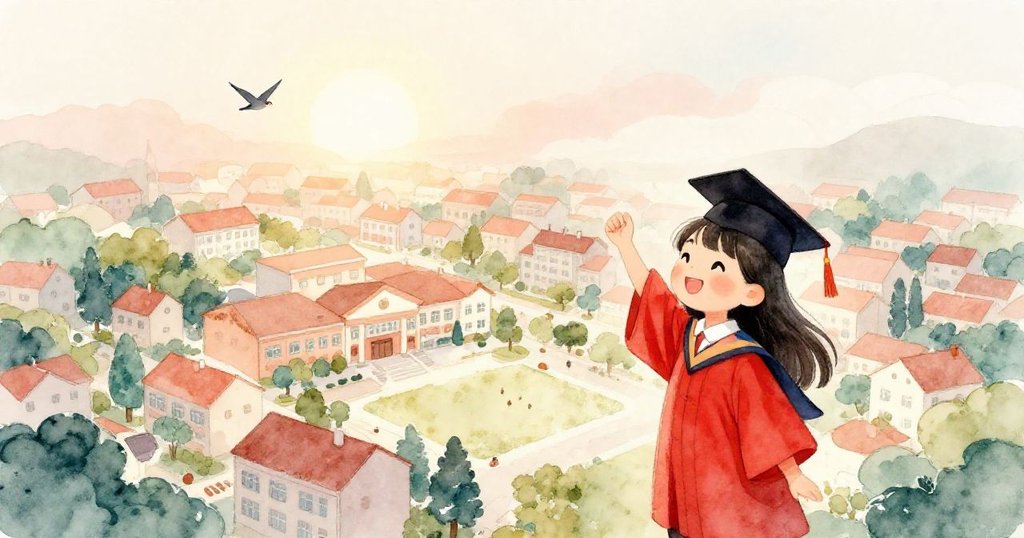 在小鎮上,陽光照耀著學校,孩子們在玩耍,鳥兒在飛翔。