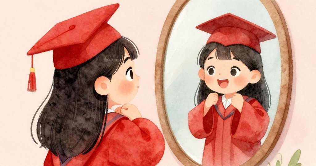 梅在鏡子前調整她的紅色畢業袍,臉上洋溢著興奮的表情。