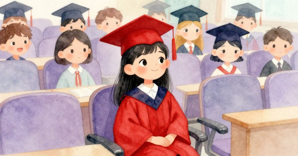 梅坐在同學中間,手握著小筆記本,臉上流露出沉思的神情。