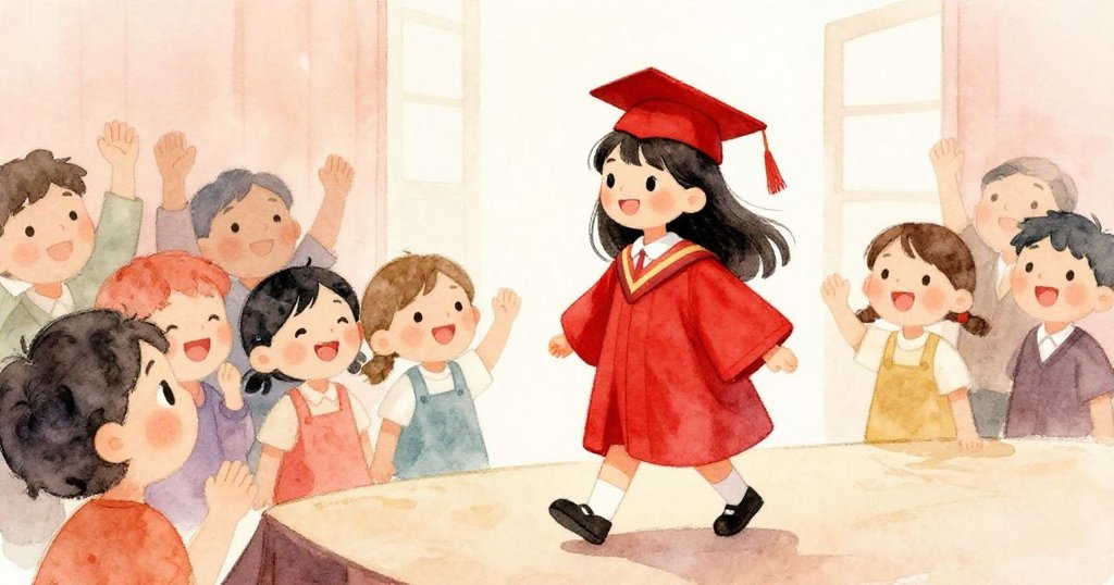 梅自信地走過舞台,手握畢業證書,觀眾熱烈歡呼。