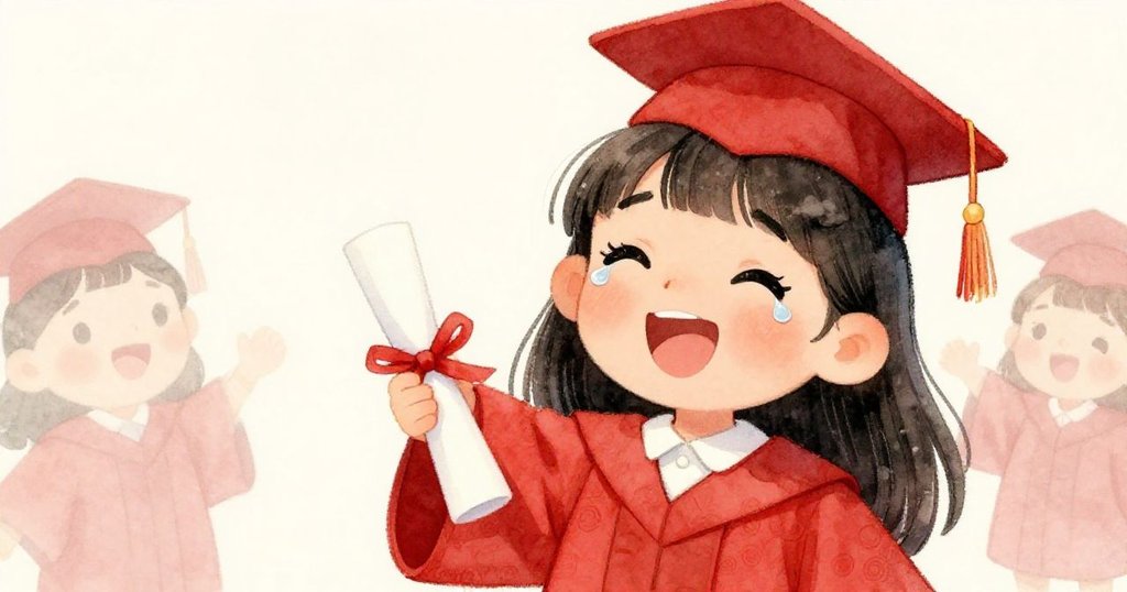 梅手握畢業證書,臉上流露出喜悅的淚水。