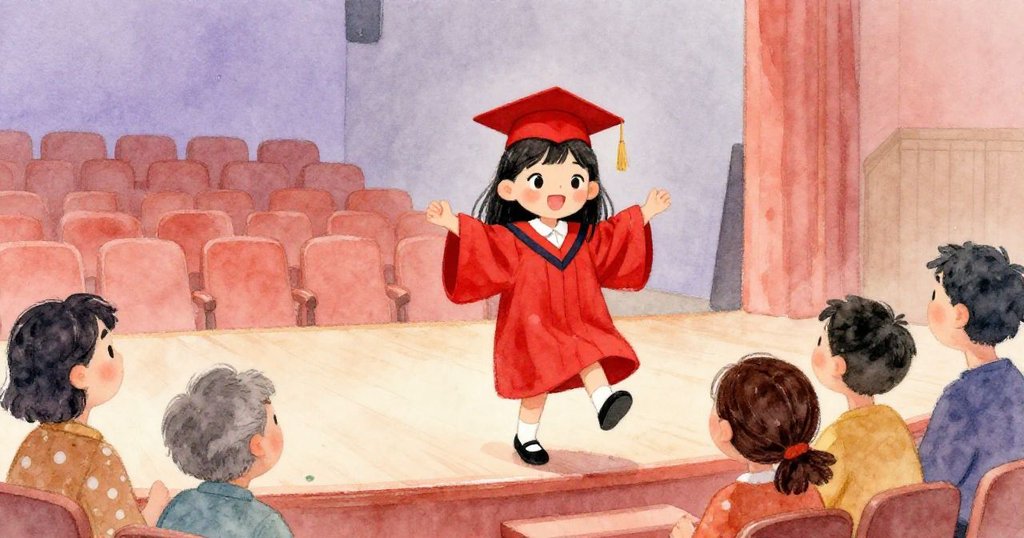 梅自信地走下舞台,回頭看著在歡呼的父母。