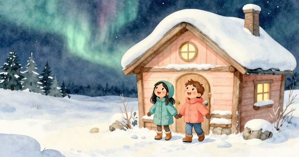 艾蓮娜和馬可走出溫暖的小屋，驚訝地仰望夜空中的極光，背景是高聳的山脈和飄落的雪花。