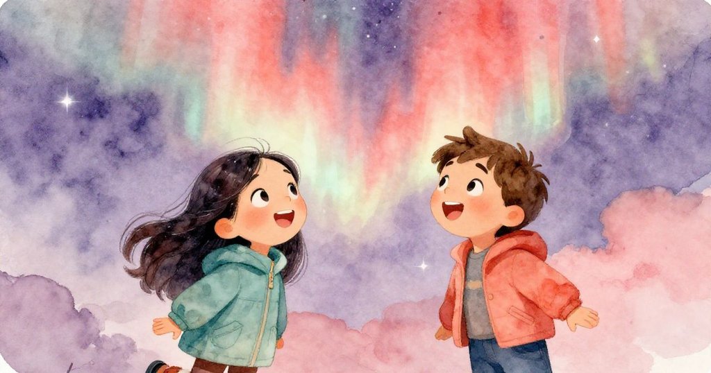 艾蓮娜和馬可的臉龐特寫，充滿驚奇，仰望著絢麗的極光，背景是魔幻的光線。