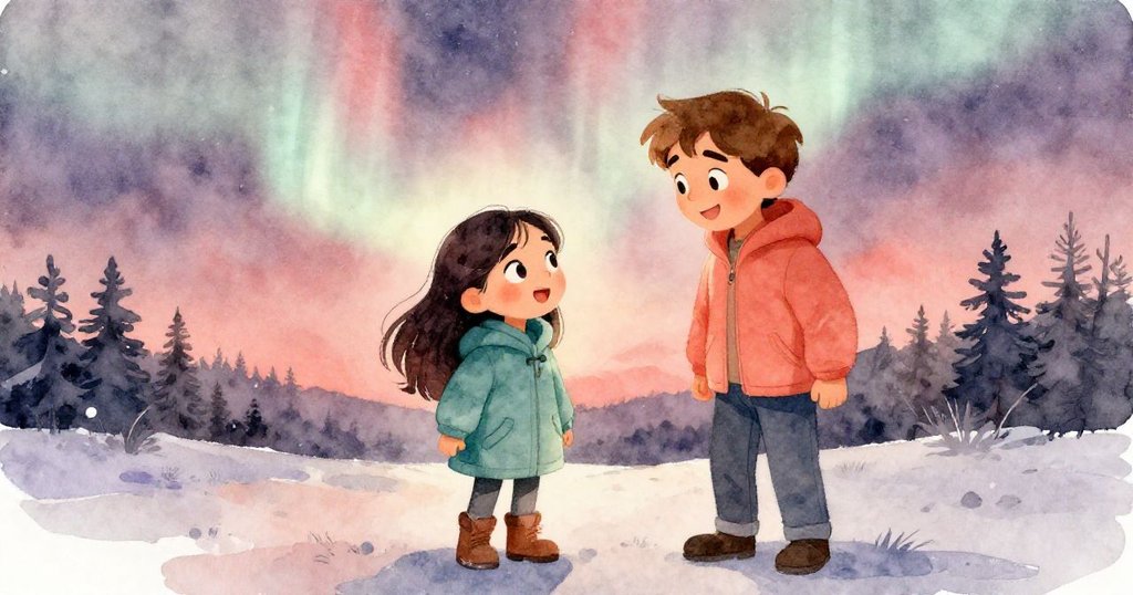 艾蓮娜站著，臉上流露出堅定的神情，仰望著逐漸消退的極光，馬可微笑著鼓勵她。