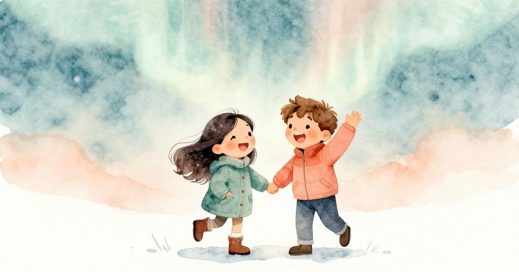 艾蓮娜和馬可手握在一起，臉上洋溢著希望與興奮，背後是漸漸消退的極光。