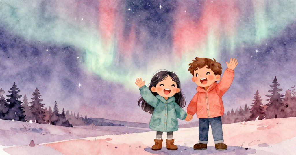 艾蓮娜和馬可揮手告別漸漸消退的極光，臉上洋溢著喜悅與希望，星空中閃爍著星星。