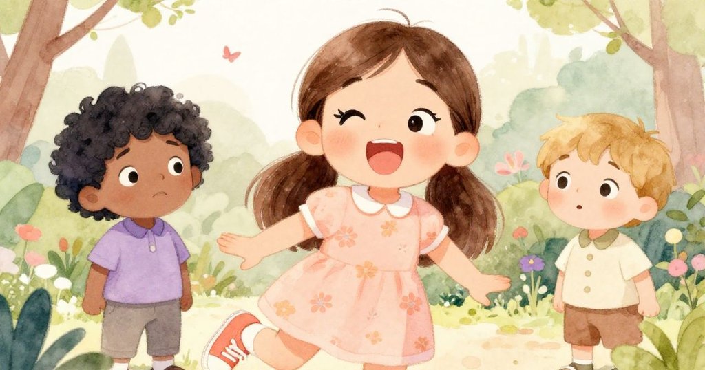 米婭興奮地向朋友們講述她的發現，而朋友們困惑地朝天上看，背景是色彩斑斕的花朵。