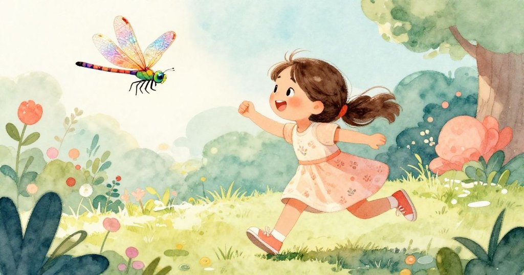 米婭在花園裡快樂地奔跑，追著色彩斑斕的蜻蜓，陽光明媚，花朵隨風搖曳。