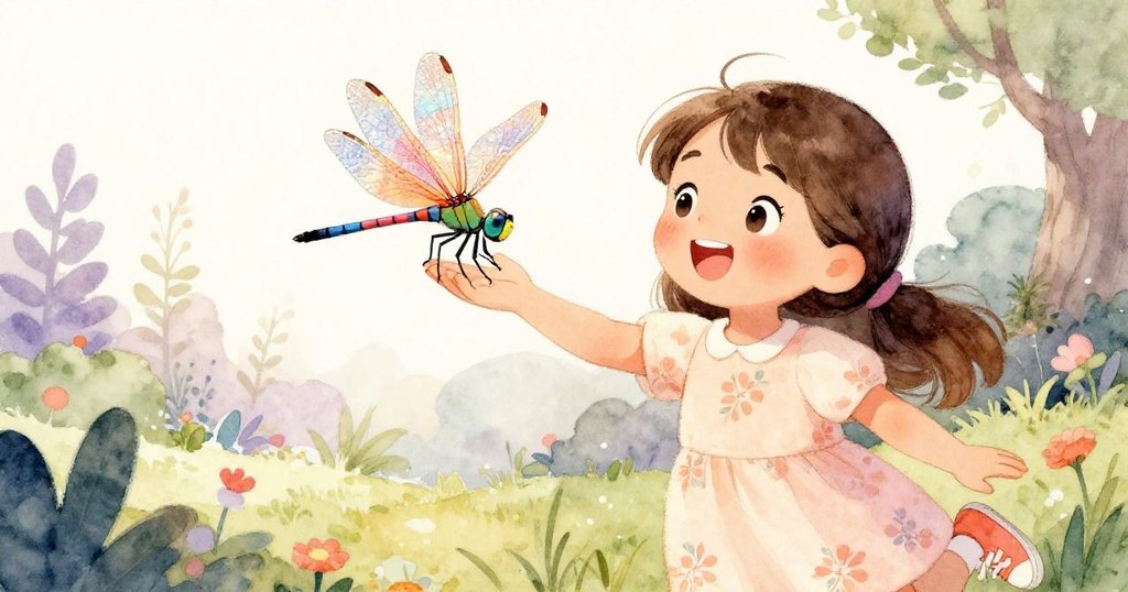 米婭微笑著，興奮地看著停在她手上的色彩斑斕的蜻蜓，周圍是美麗的花園。