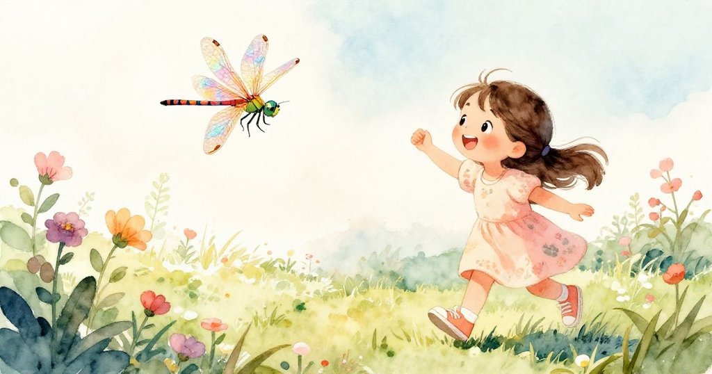 米婭在花園裡快樂地跳躍，色彩斑斕的蜻蜓圍著她飛舞，陽光明媚，花朵盛開。