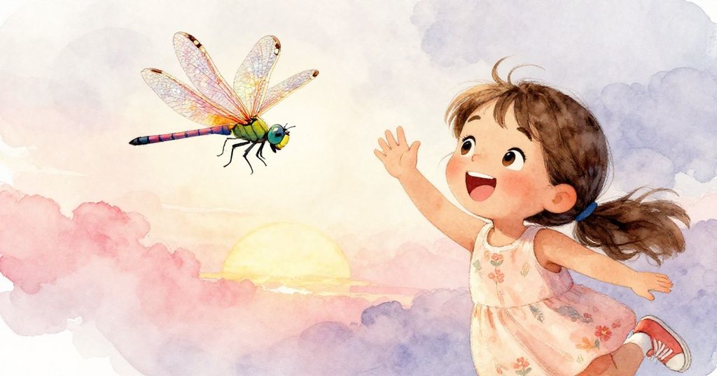 米婭微笑著向蜻蜓揮手告別，臉上流露出美好的回憶，背景是溫暖的日落。