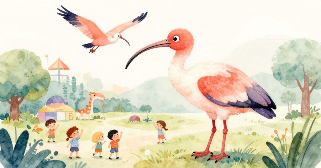 在公園的上空,一隻勇敢的白鸛展翅高飛,下面的遊客驚奇地仰望,表情充滿驚喜。