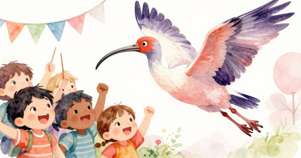 孩子們興奮地拍手歡呼,抬手想要觸摸在空中翱翔的白鸛,臉上洋溢著快樂的笑容。