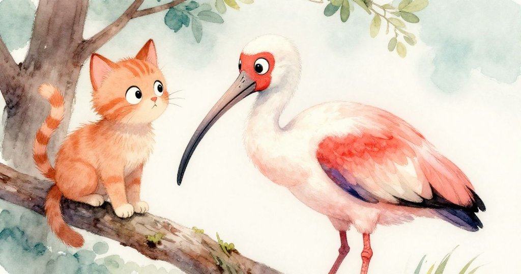 勇敢的白鸛栖息在樹枝上,目光專注地看著一隻困在樹上的小貓,眼神中流露出堅定的決心。