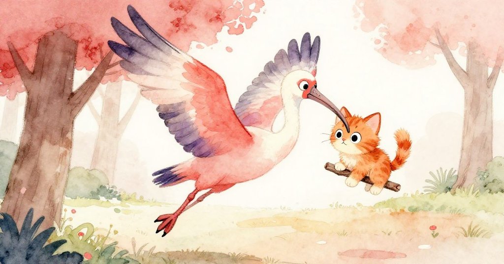 勇敢的白鸛嘴裡輕輕叼著小貓,朝著公園飛去,周圍的遊客驚訝地觀看這一幕。