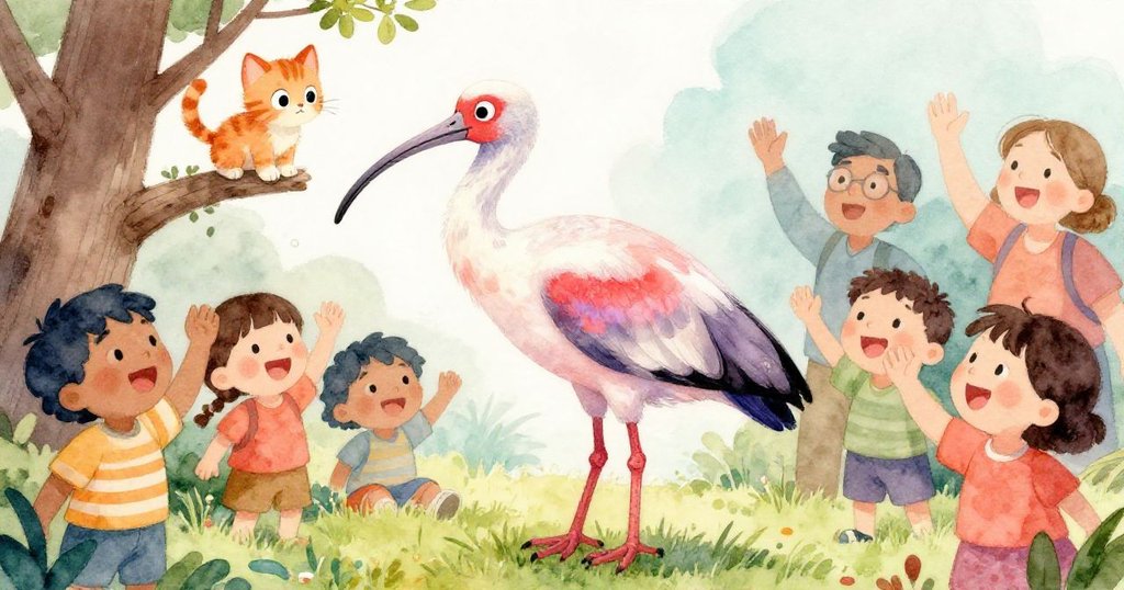 勇敢的白鸛在草地上輕柔著陸,小貓安全無恙,周圍的孩子們和大人們熱烈鼓掌慶祝。