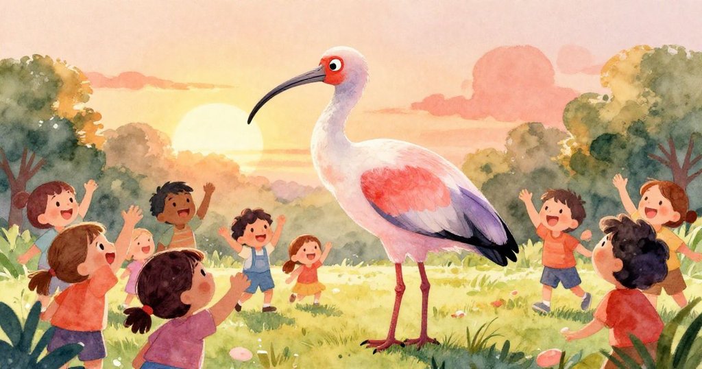 在落日的金色光輝下,勇敢的白鸛驕傲地站在草地上,周圍的孩子們熱情地歡呼慶祝。