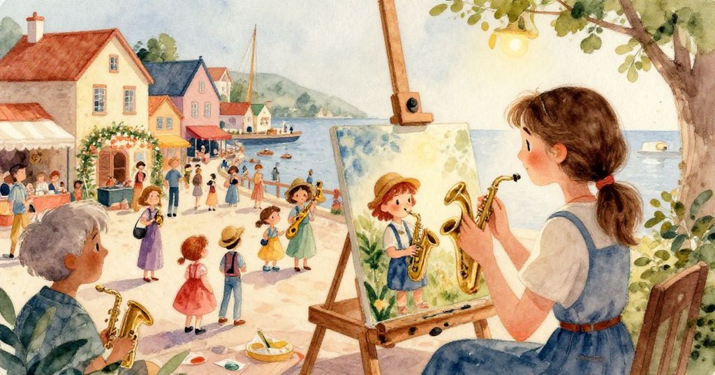 在碼頭上舉行的爵士音樂節，五彩繽紛的燈光閃爍，許多人快樂地舞蹈。