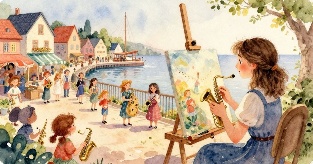 從商店的窗戶看出去，音樂節上的人們愉快地舞蹈，窗內的光線溫暖迷人。