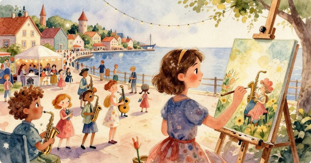 在音樂節上，夕陽西下，空氣中閃爍著魔法般的光點，營造出迷人的氛圍。