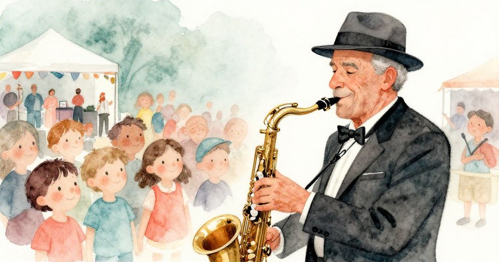 湯普森先生在爵士音樂節上演奏薩克斯風，周圍的觀眾被他的音樂深深吸引。