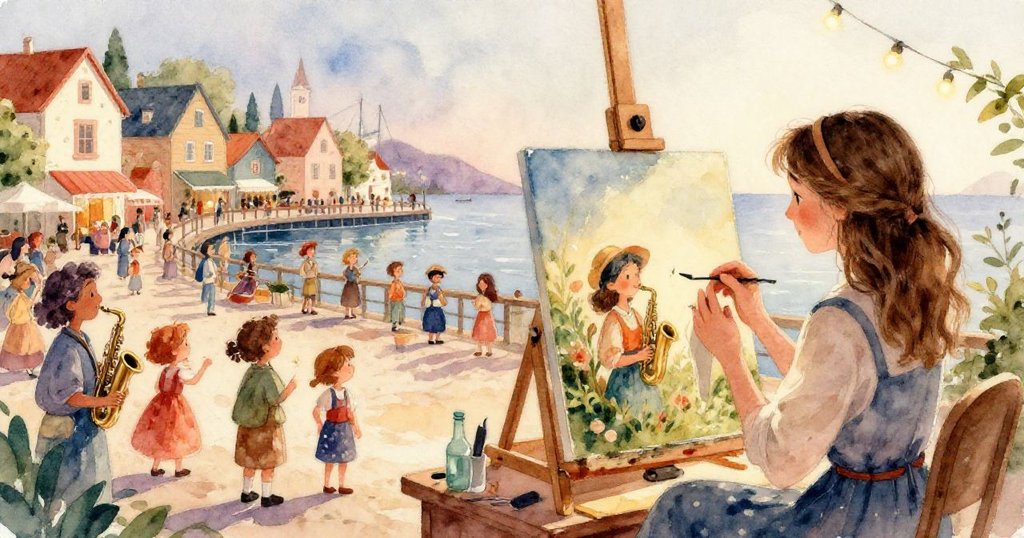 米婭滿意地欣賞她的畫作，背景中是愉快的音樂節，彌漫著快樂的氛圍。