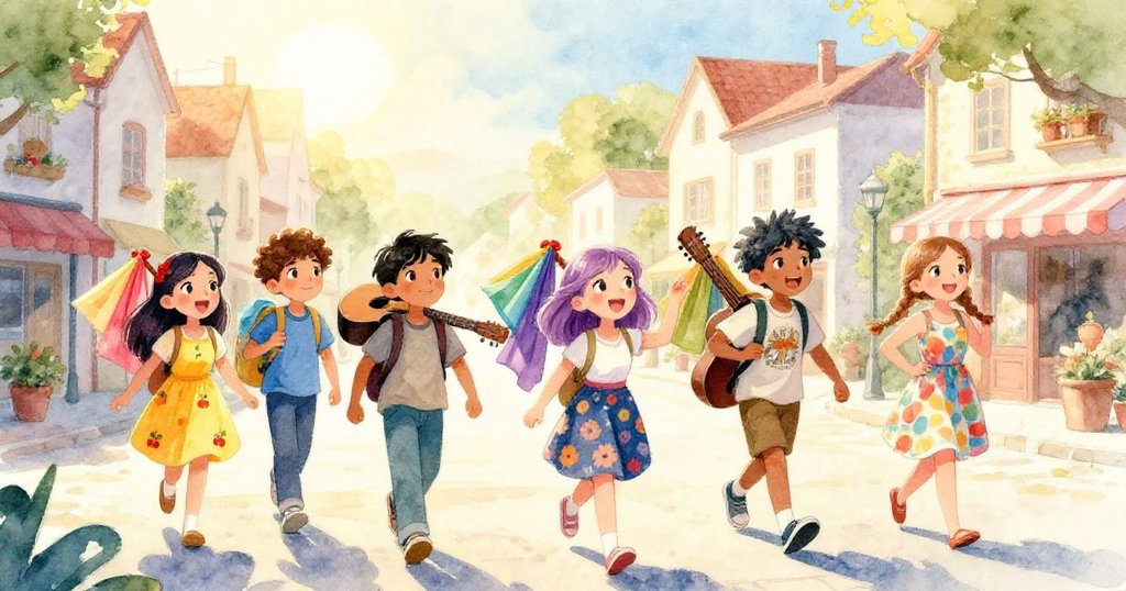 清晨的陽光灑在小鎮的廣場上，米亞和她的朋友們帶著色彩繽紛的布料和吉他走向裝飾華麗的時裝秀現場，表情興奮。