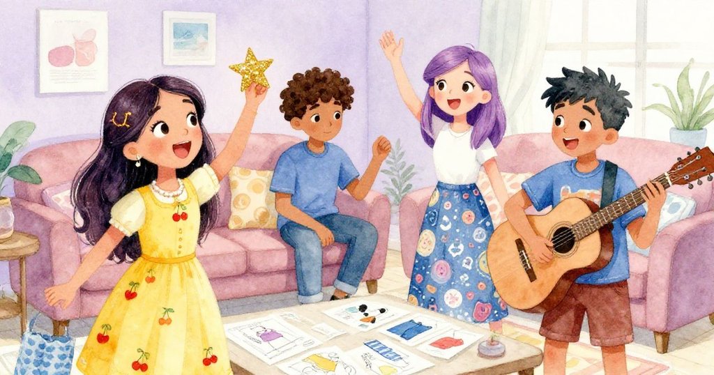 在米亞的家裡，朋友們圍坐在客廳的地板上，手裡拿著色彩繽紛的布料和設計草圖，米亞興奮地展示著一個閃亮的星星配飾。