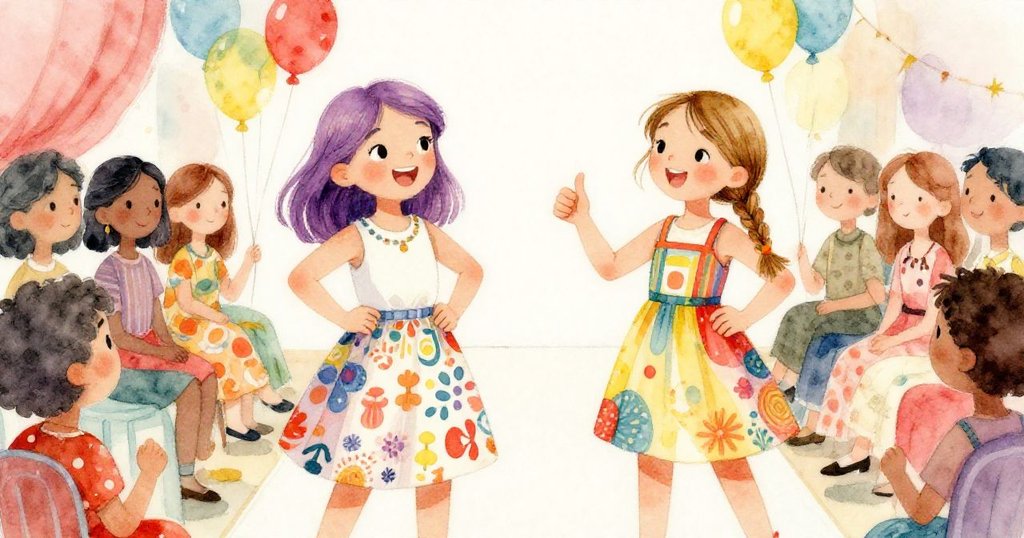 在時裝秀的當天，熱情的氣氛充滿了空氣，索菲穿著獨特的服裝，正在調整配飾，而艾瑪則興奮地給她豎起大拇指。