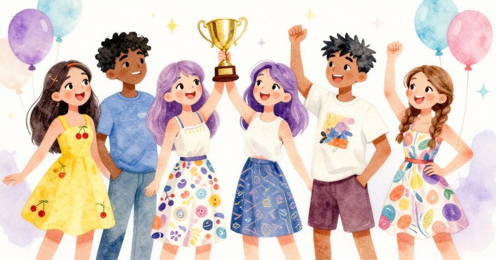 在時裝秀結束後，米亞和她的朋友們聚在一起慶祝成功，米亞手裡拿著獎盃，大家笑得很開心，周圍充滿了節慶的裝飾和氣球。