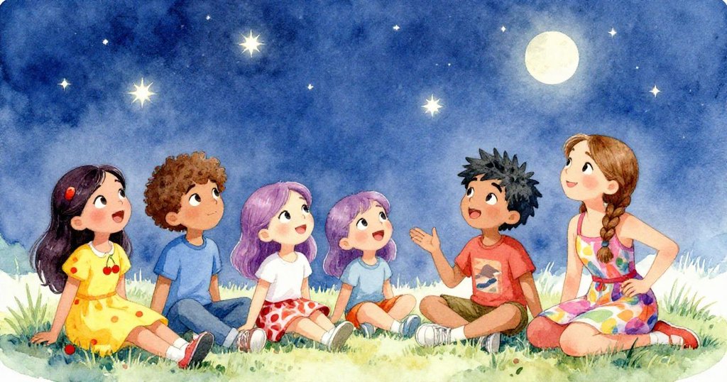 當他們回顧這段難忘的經歷時，米亞和她的朋友們坐在草地上，仰望著星空，分享對未來活動的想法，氣氛寧靜而愉悅。