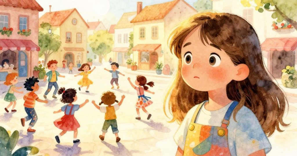 克拉拉的臉部特寫,表現出期待與猶豫的情感,看到孩子們在熱鬧的廣場上跳舞