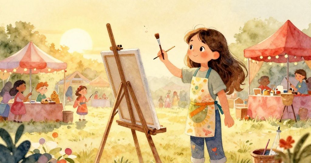 克拉拉站在畫布前,手中握著畫筆,注視著周圍的節日氛圍,夕陽的金色光輝照耀著她