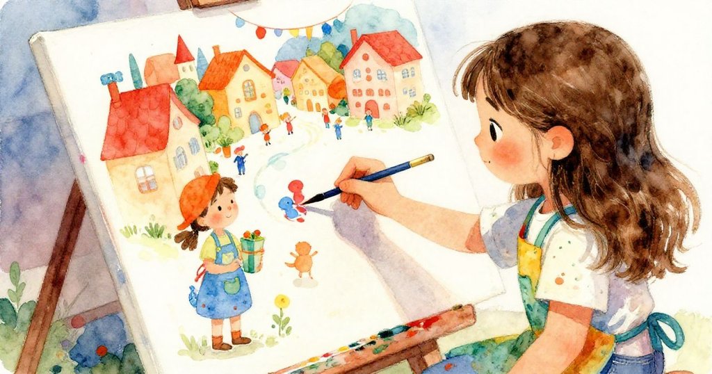 克拉拉的手正在畫布上揮舞著畫筆,調色盤上充滿了鮮豔的顏色,畫布開始展現出村莊慶典的快樂場景