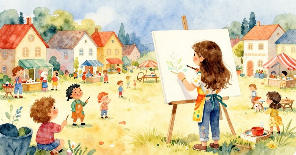 克拉拉微笑著退後欣賞她的畫作,畫面充滿了色彩,背景是熱鬧的村莊慶典