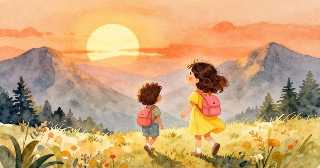 在晨曦中，米亞朝著壯麗的山脈出發，充滿期待。