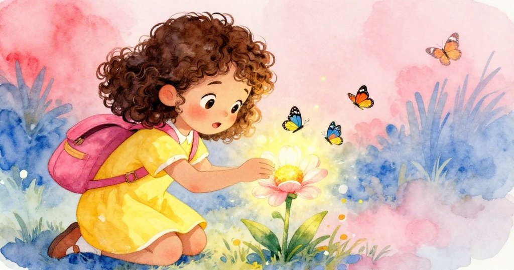 米亞在陽光下輕輕觸摸著一朵閃閃發光的稀有花朵，充滿驚奇。