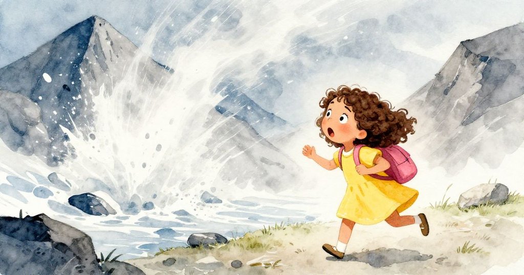 突然，一場雪崩轟隆隆地向下沖來，米亞驚恐地退後。