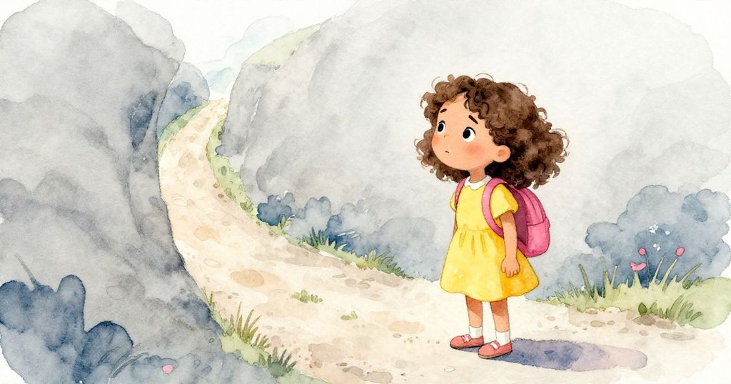 米亞站在岔路口，目光堅定地看著左邊的小路，尋找安全的路徑。