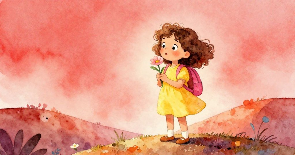 米亞終於到達山頂，驕傲地擁著那朵稀有的花，臉上洋溢著喜悅。