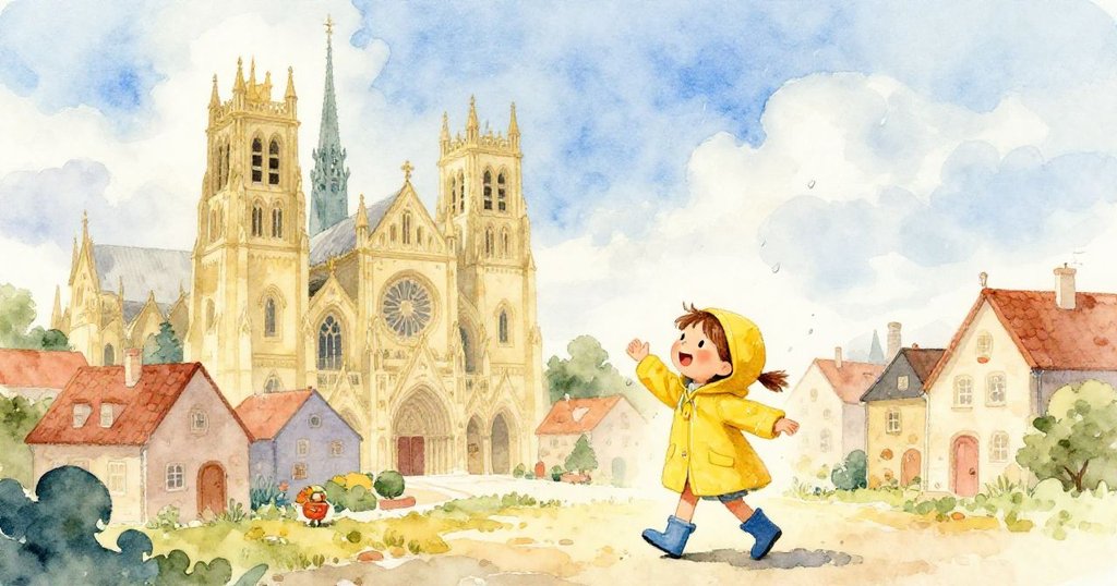 安娜穿著黃色雨衣，興奮地走向高聳的教堂，雨滴開始滴落。