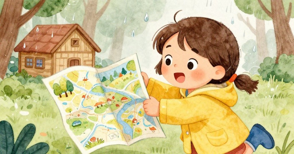 安娜的手握著一張彩色地圖，手指在上面尋找小屋的位置，背景是淋著雨的街道。