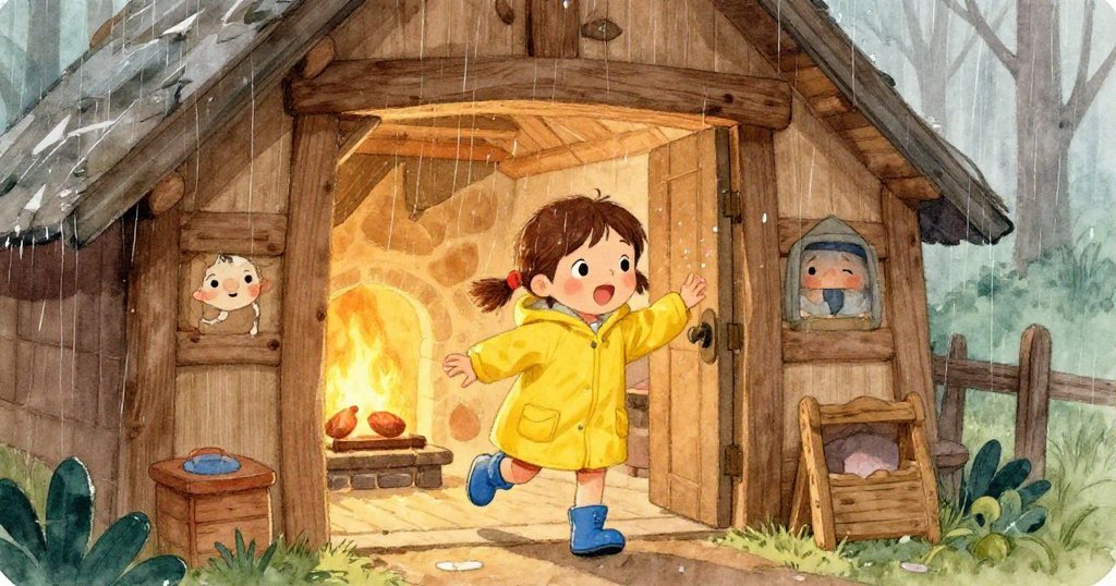 安娜衝進小屋，抖落身上的雨水，裡面溫暖而舒適，外面雨水滂沱。