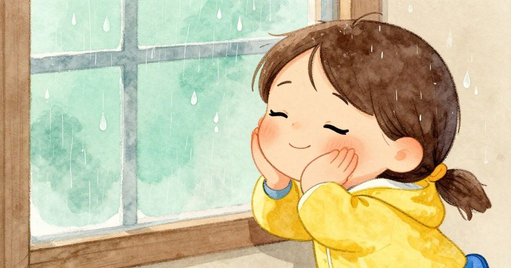 安娜微笑著閉上眼睛，陶醉於雨聲中，窗外雨滴滑落，營造出溫暖的感覺。