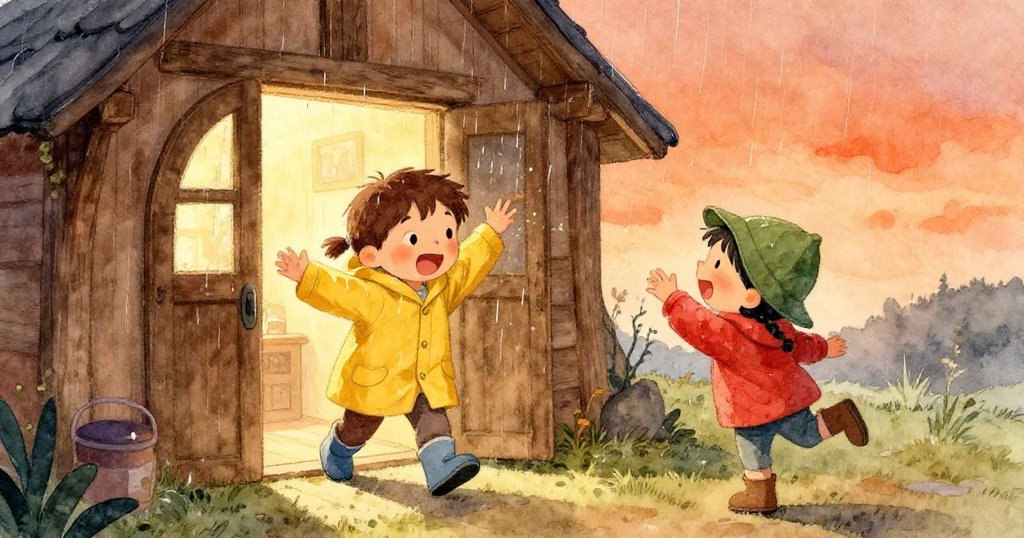 湯姆進入小屋，雨水滴落，安娜高興地跳起來迎接他，房間裡充滿溫暖的光線。