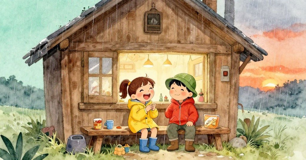 兩個兄妹坐在小屋的長椅上，分享故事，笑聲不斷，外面雨水滂沱，營造出冒險的氛圍。