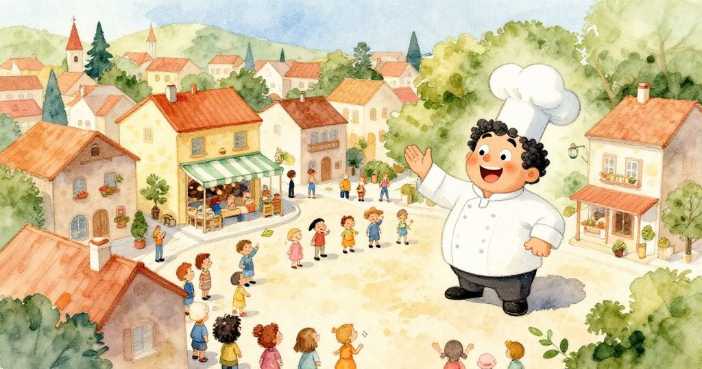 在小鎮的鳥瞰圖中，馬爾科自豪地在他的餐廳前宣告，周圍聚集著好奇的鎮民。